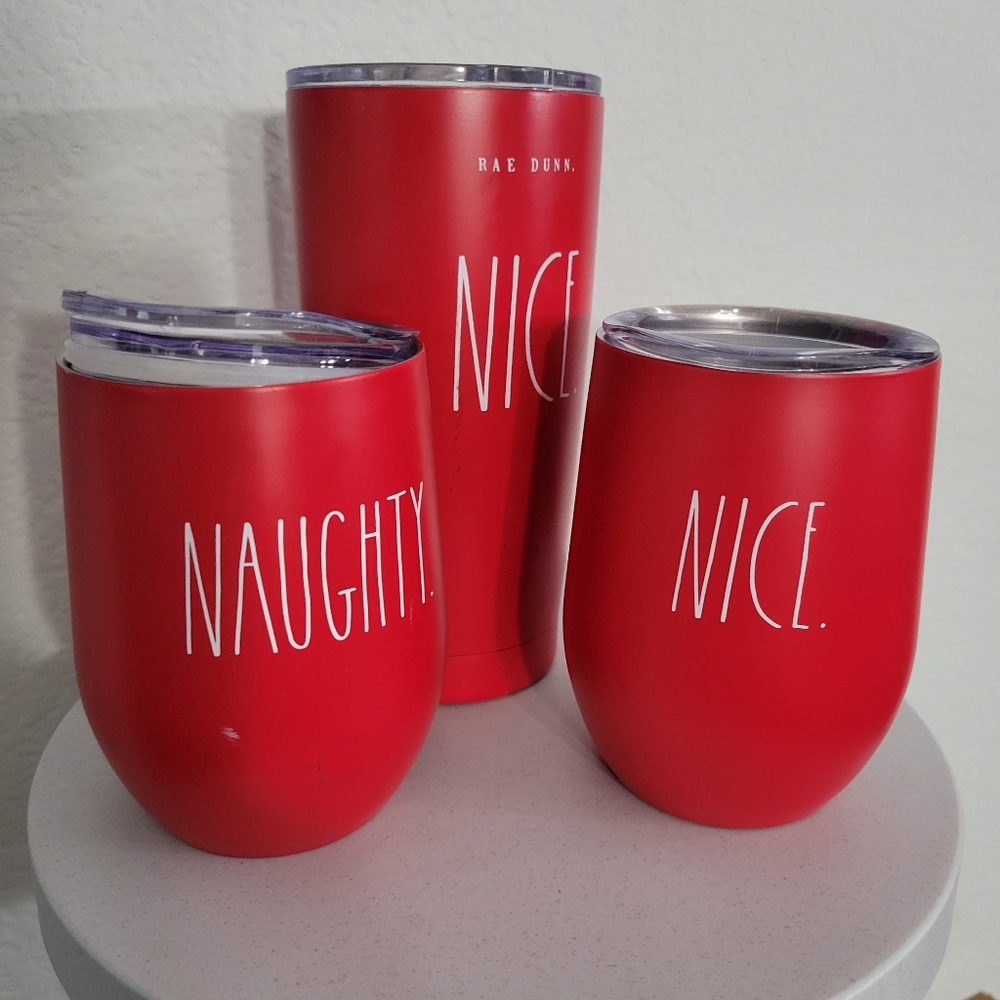 Set of 3 Rae Dunn NAUGHTY or NICE Insulated Holiday Travel Tumbler